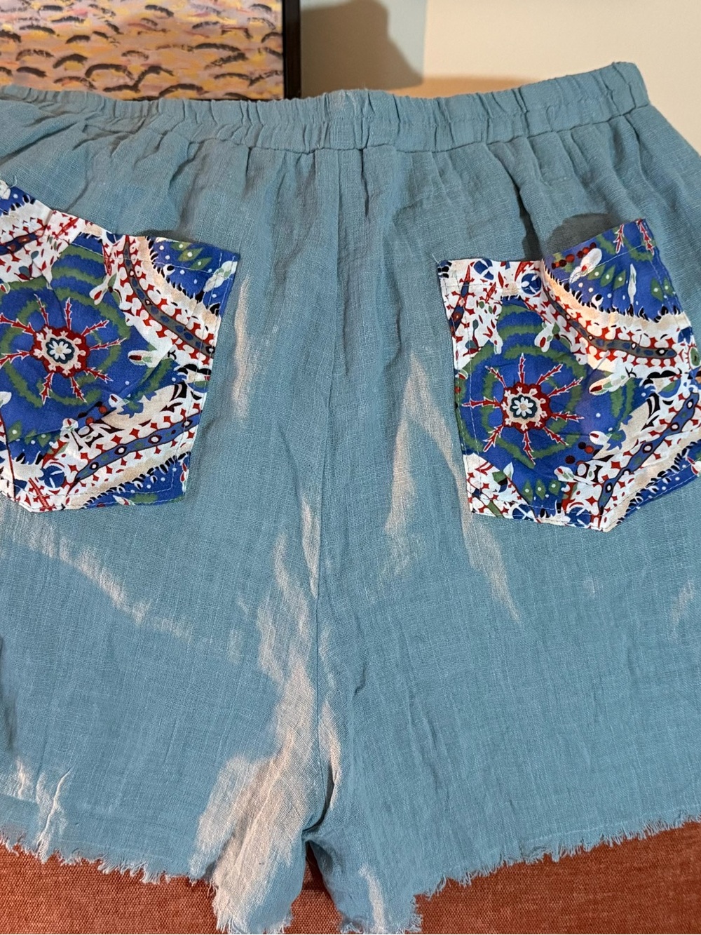 Light Blue Linen-Blend Women's with Patterned Pocket Accents - Picture 4 of 4